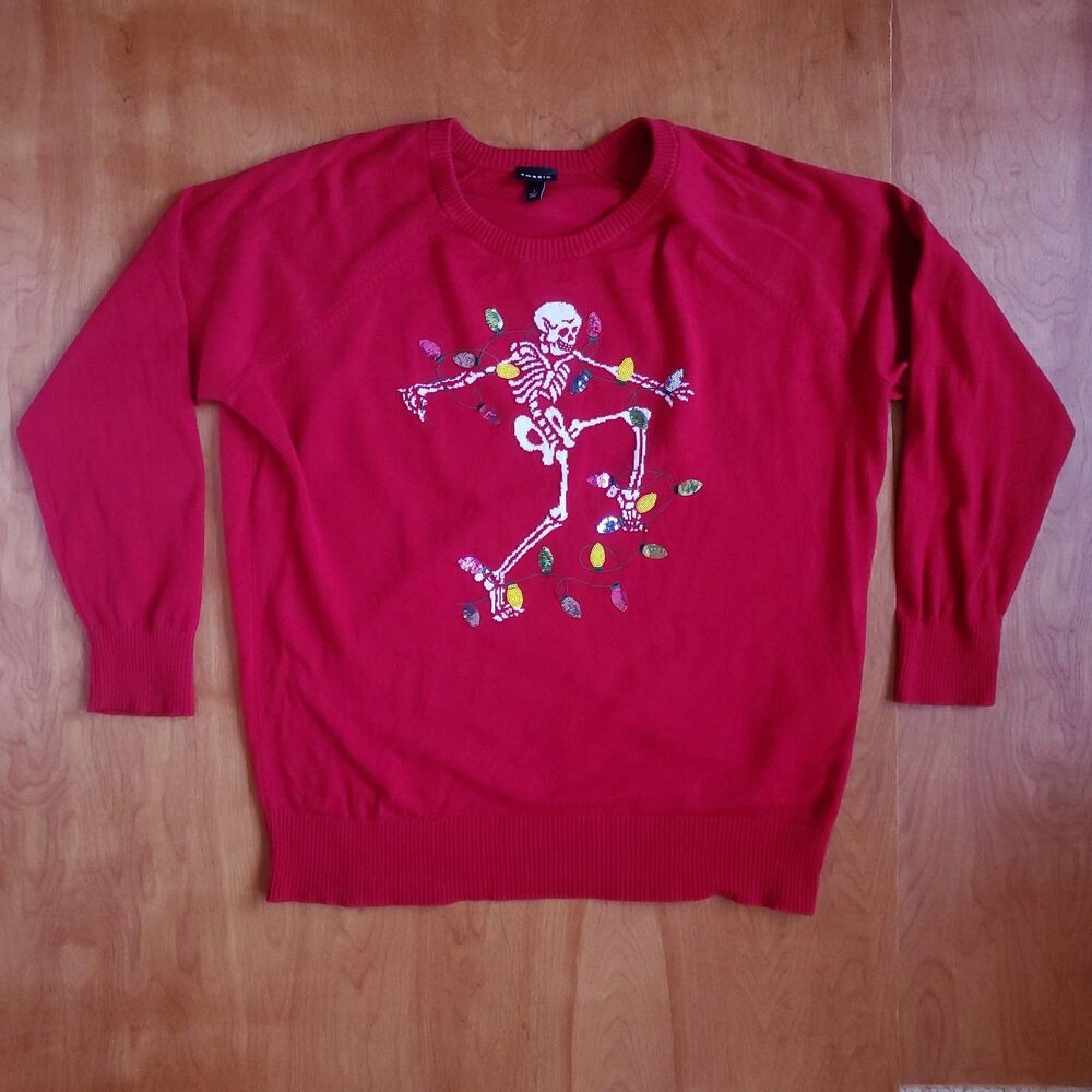 Torrid Christmas Sweater 1 1X 14/16 Dancing Skull Skeleton Red Pullover Crew